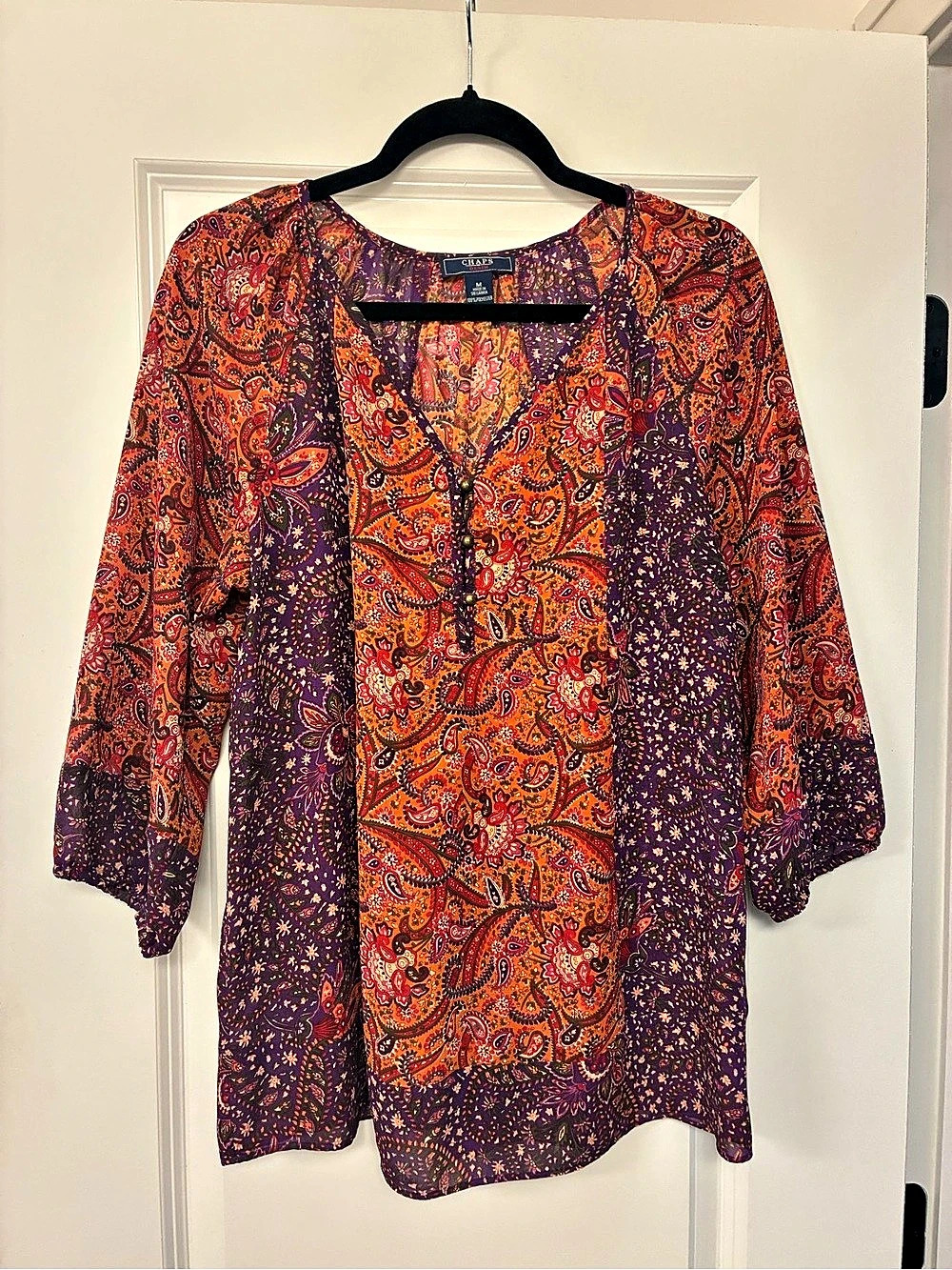 Chaps Denim Paisley Print Blouse Orange & Purple Medium